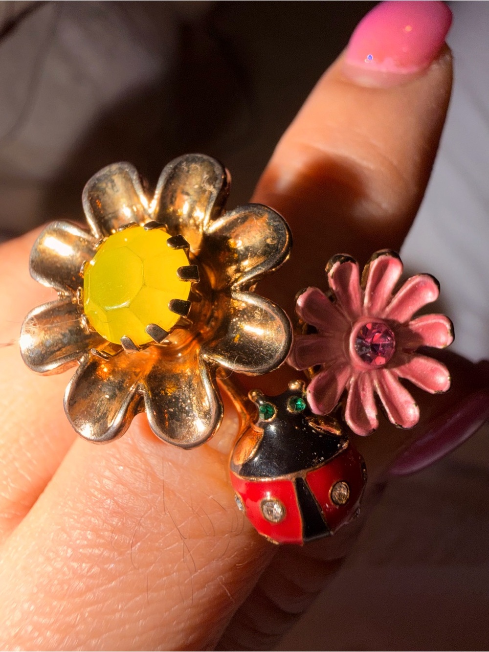 Betsey Johnson rare Whimsical Flower & Ladybug Statement Ring